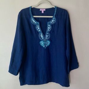 Lilly Pulitzer Amelia Island Linen Tunic with beading navy EUC